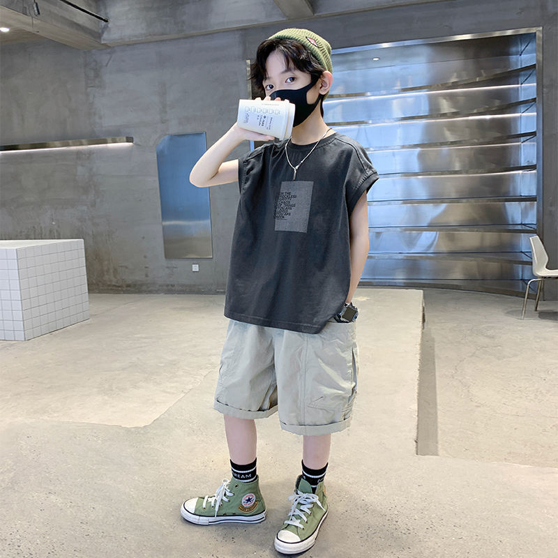 男童背心套裝夏季短袖2022新款中大兒童裝薄款無袖運動夏裝炸街潮