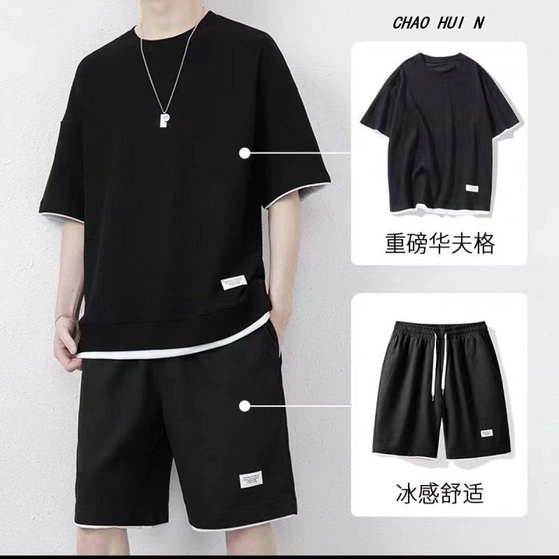 Waffle casual suit men's summer ice silk short-sleeved t-shirt men's suit with a handsome large size sports suit