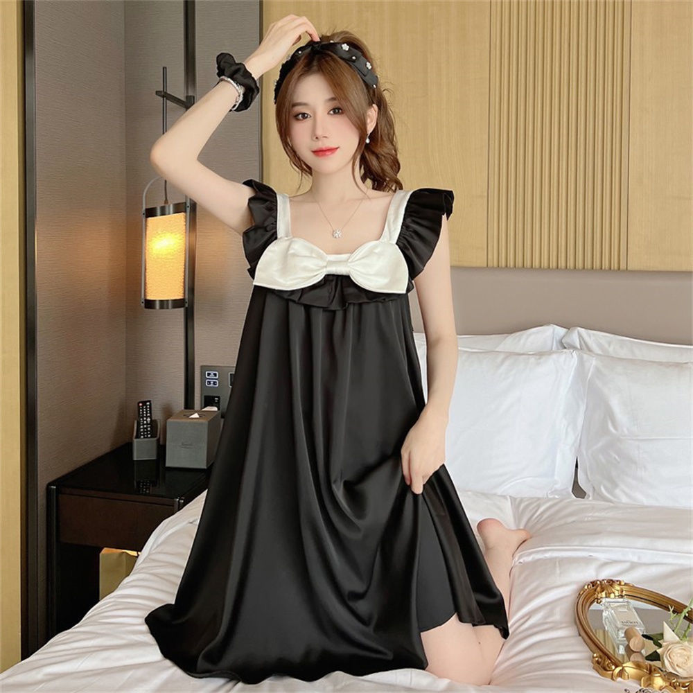 Korean ins sling nightdress female summer thin section princess wind sweet ice silk bow pajamas home clothes summer