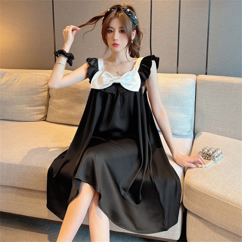 Korean ins sling nightdress female summer thin section princess wind sweet ice silk bow pajamas home clothes summer