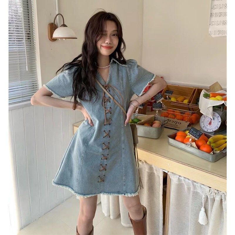  summer new high-end niche design Hong Kong flavor retro chic hot girl small denim dress female