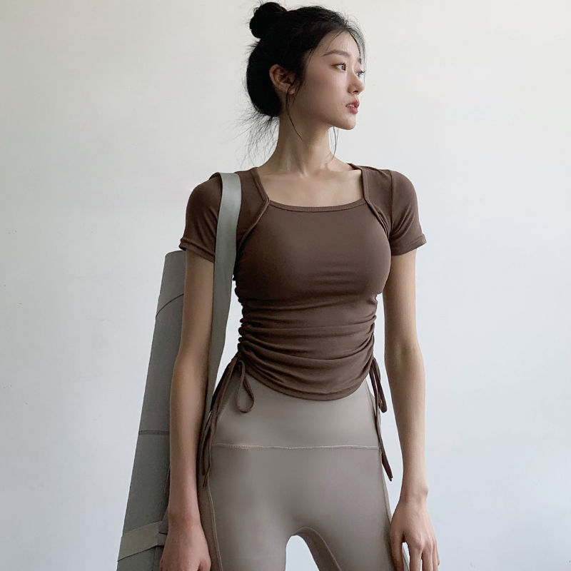 運動上衣女夏季薄款綁帶跑步運動健身t恤修身顯瘦專業訓練瑜伽服