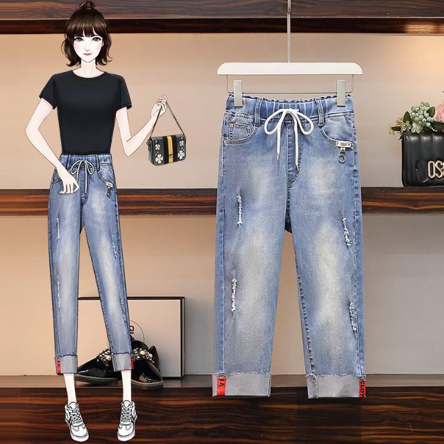 大碼彈力高腰七分牛仔褲女2023夏季200斤胖mm薄款破洞翻邊牛仔褲