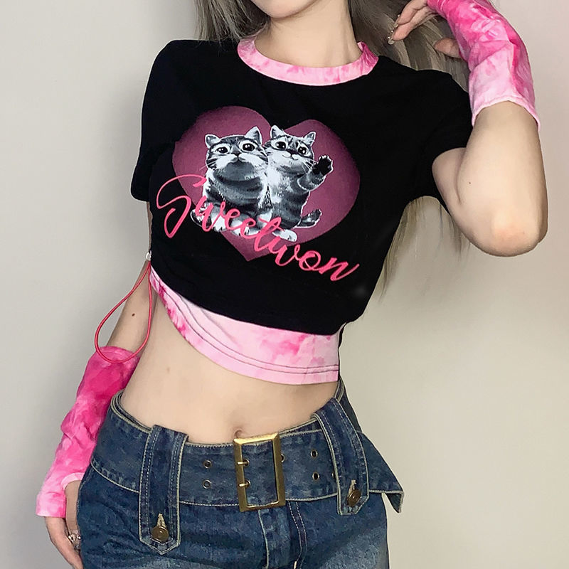 BIIKPIIK sweet and spicy girl cartoon cat print tie-dye stitching short-sleeved T-shirt female fashion hot girl short top