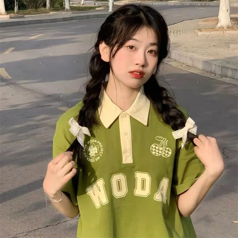  summer new Polo collar short-sleeved T-shirt women's mid-length Korean version loose and thin all-match half-sleeved ins trend