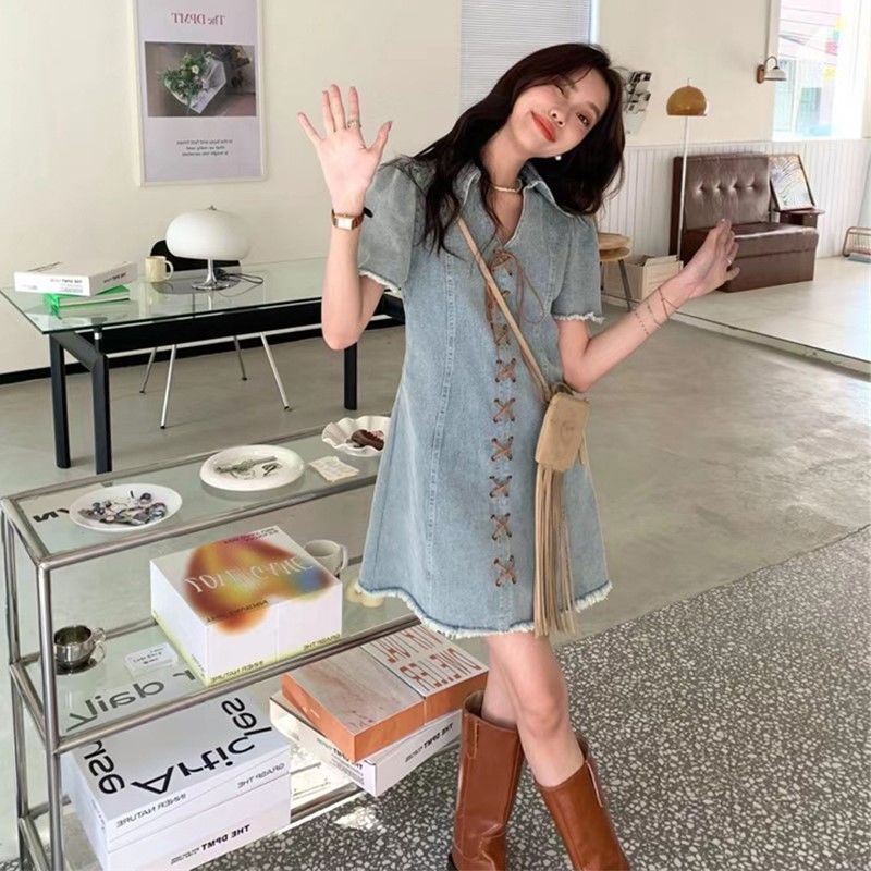  summer new high-end niche design Hong Kong flavor retro chic hot girl small denim dress female