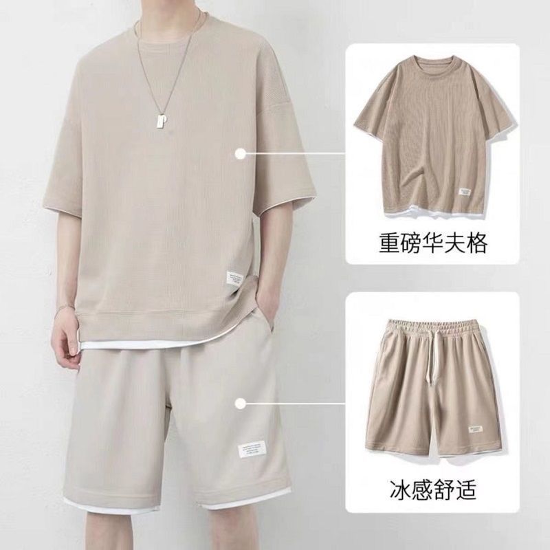 Waffle casual suit men's summer ice silk short-sleeved t-shirt men's suit with a handsome large size sports suit