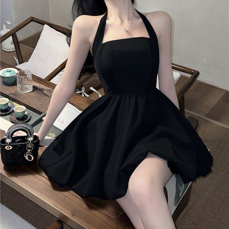  summer new pure desire black hanging neck suspender dress waist temperament sexy A-line skirt female little black dress