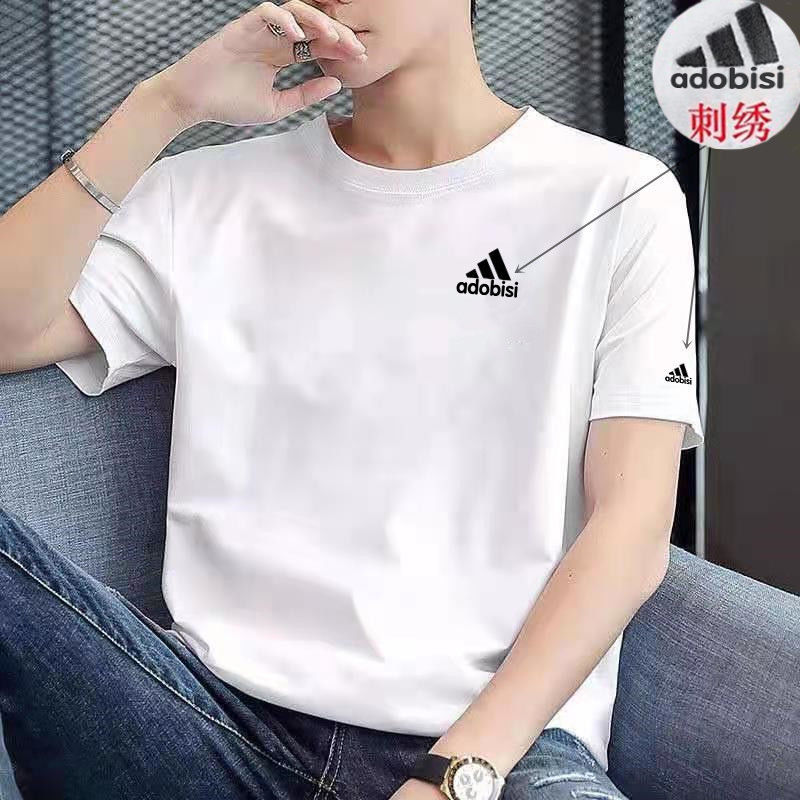 Cotton short-sleeved men's t-shirt three bars trend summer new breathable half-sleeve top embroidery round neck shirt