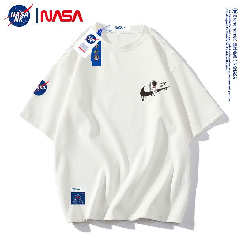NASA联名克莱因蓝夏季白色男女短袖t恤潮男oversize情侣休闲衣服