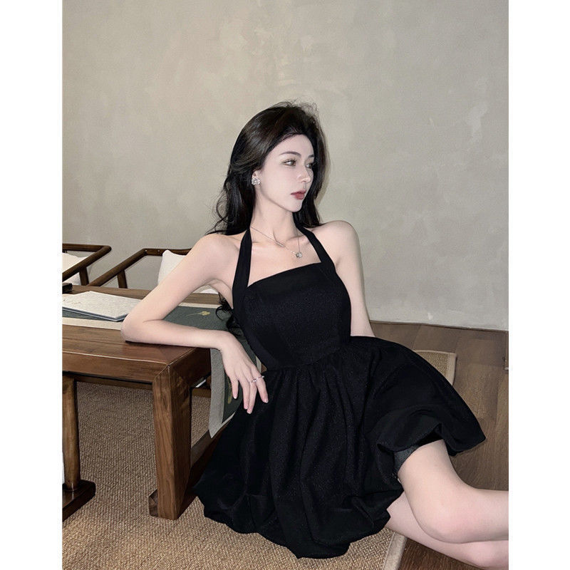  summer new pure desire black hanging neck suspender dress waist temperament sexy A-line skirt female little black dress