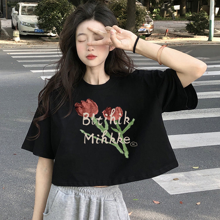 純棉短款短袖t恤女夏季新款寬鬆內搭百搭bm風高腰露肚臍ins上衣服