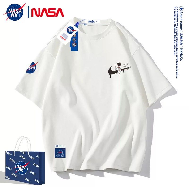 NASA联名克莱因蓝夏季白色男女短袖t恤潮男oversize情侣休闲衣服