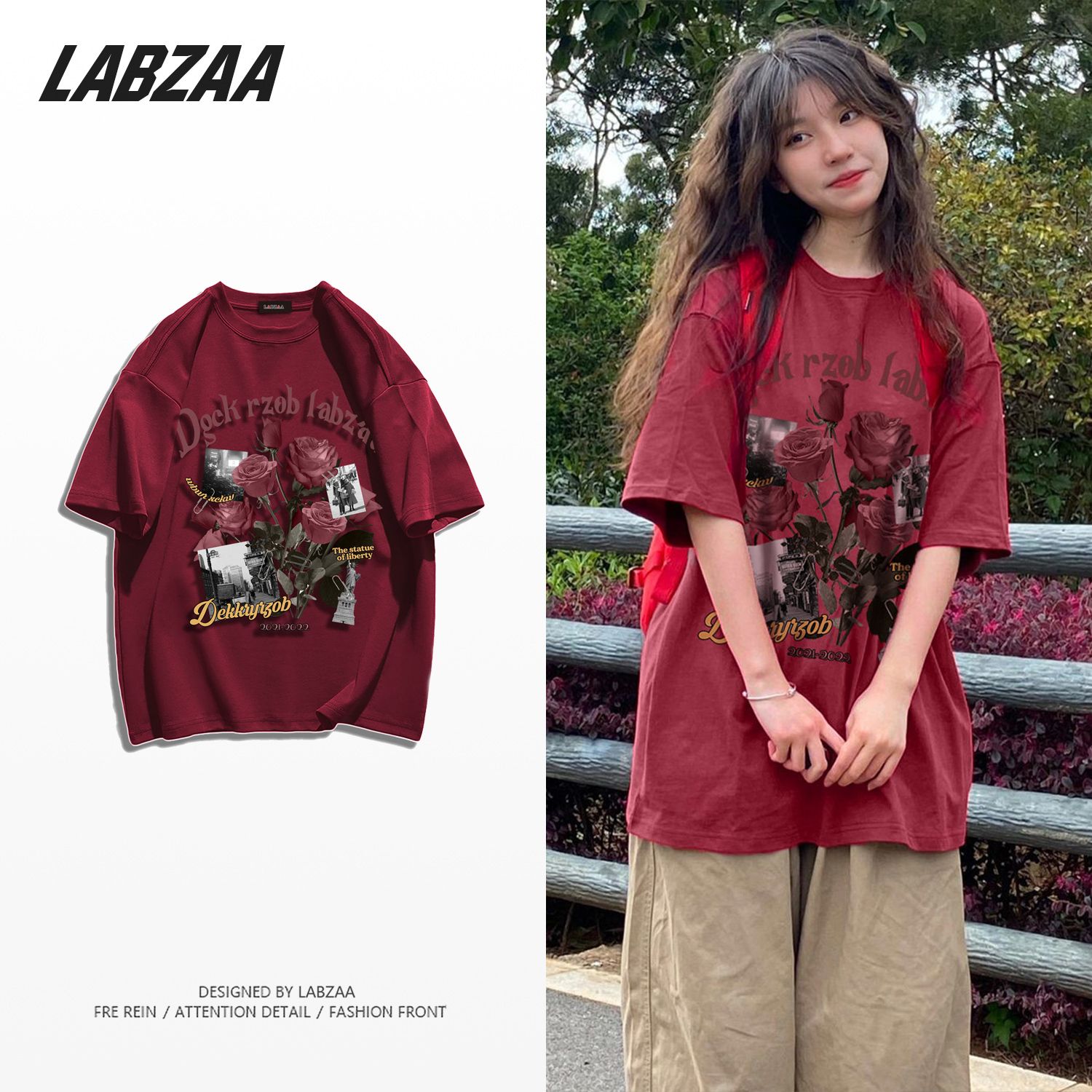 LABZAA pure cotton national tide brand original printing summer short-sleeved T-shirt female loose street all-match couple ins top