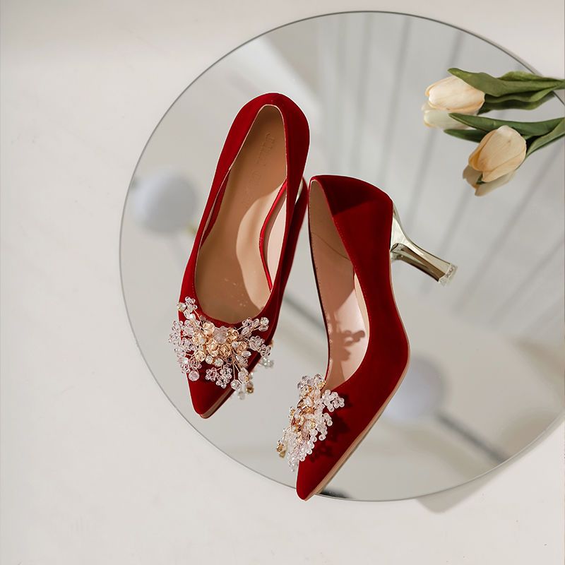 中式婚鞋女年夏季新款敬酒礼服红色高跟鞋细跟秀禾婚纱新娘鞋