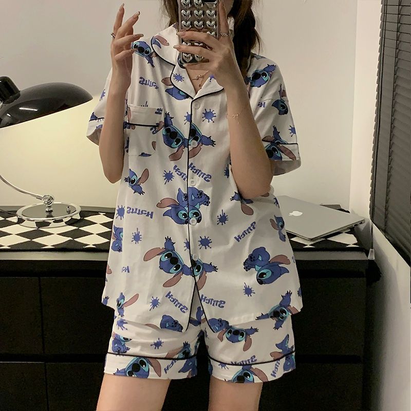 Stitch pajamas women's summer ice silk thin student ins wind Korean version short-sleeved printed summer home service suit