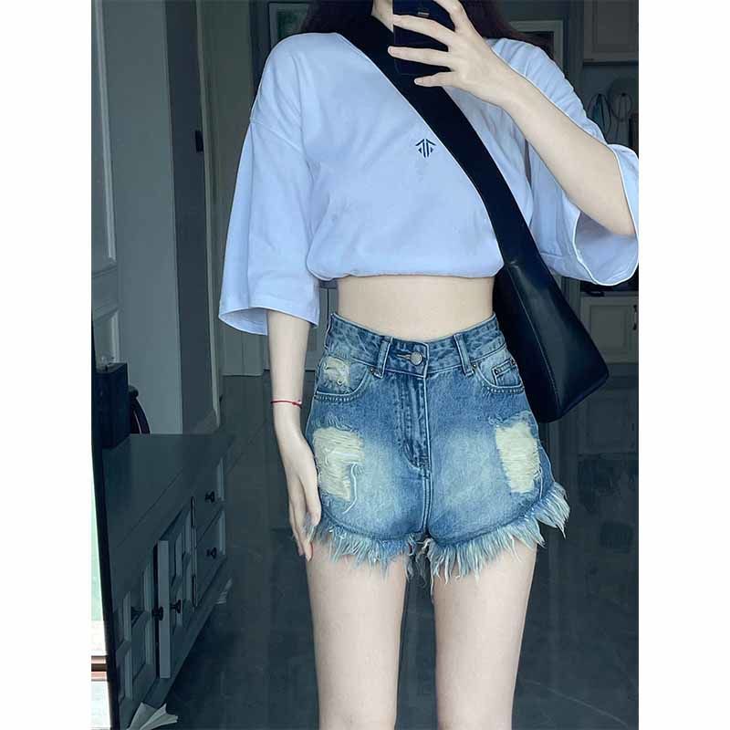 Large size American retro hot girl raw edge denim shorts female fat mm summer ins washed high waist a word hot pants