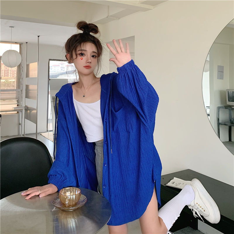 Summer sun protection clothing women's XL long-sleeved hooded shirt female students Hong Kong flavor loose tops all-match cardigan jacket