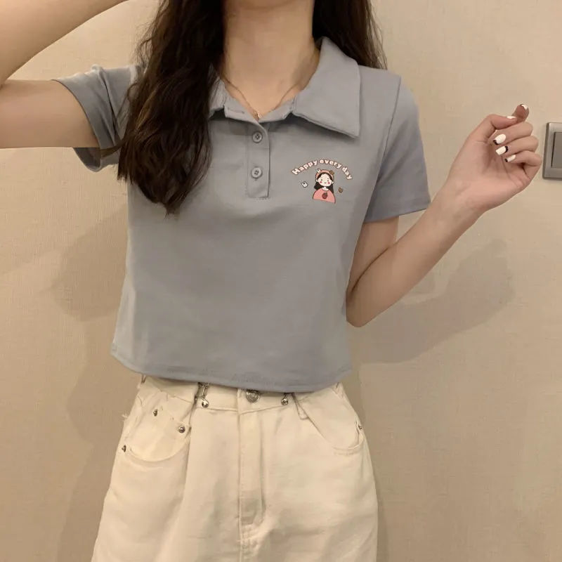 College style pink Polo collar short-sleeved t-shirt ins trend navel short top female hot girl small summer new style