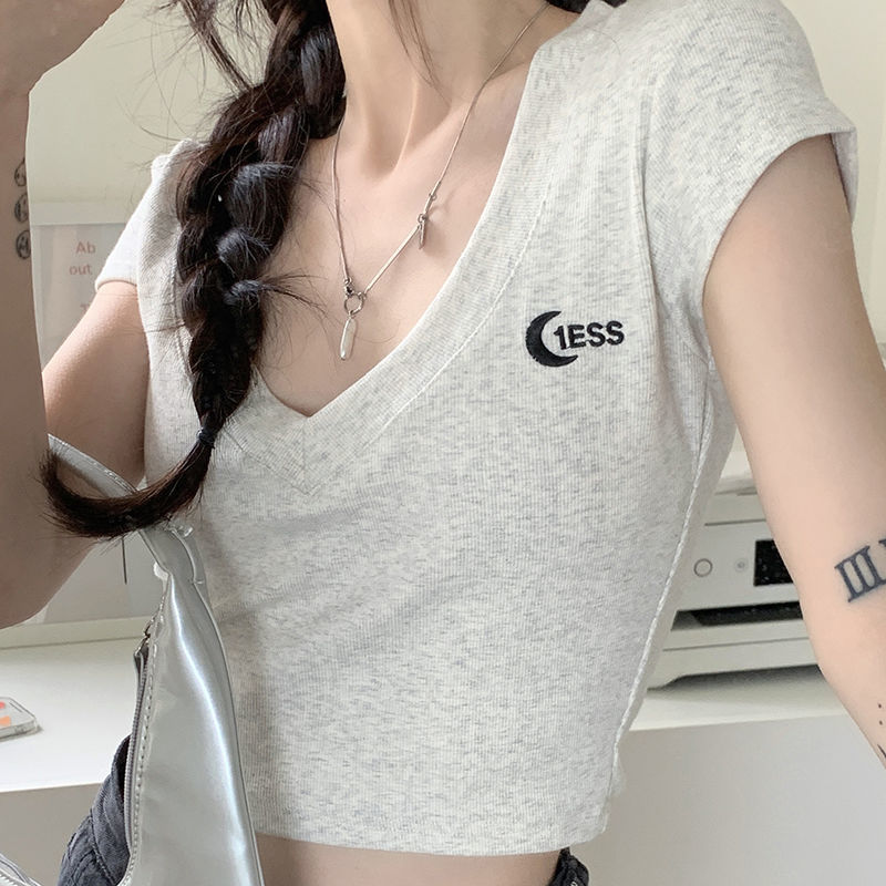 歐美風辣妹v領短袖t恤女夏季設計感小眾ins高腰短款bm風顯瘦上衣