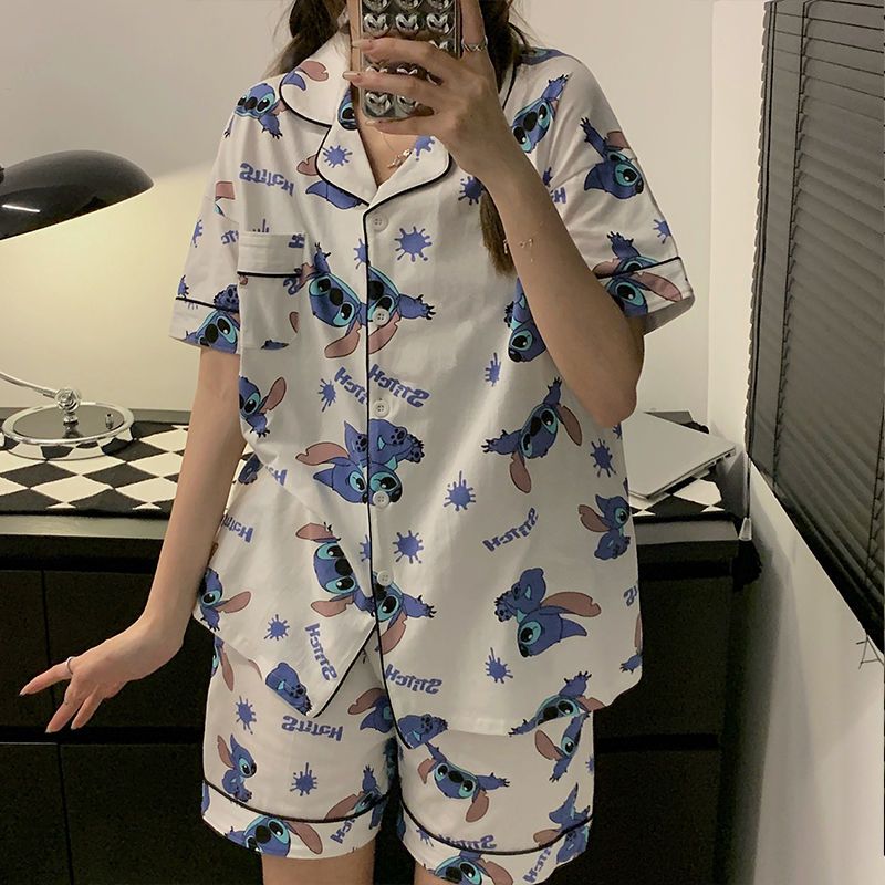 Stitch pajamas women's summer ice silk thin student ins wind Korean version short-sleeved printed summer home service suit