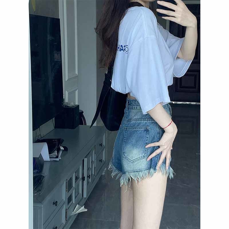 Large size American retro hot girl raw edge denim shorts female fat mm summer ins washed high waist a word hot pants
