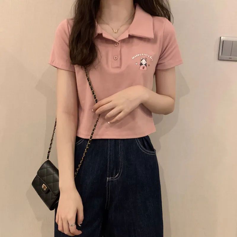 College style pink Polo collar short-sleeved t-shirt ins trend navel short top female hot girl small summer new style