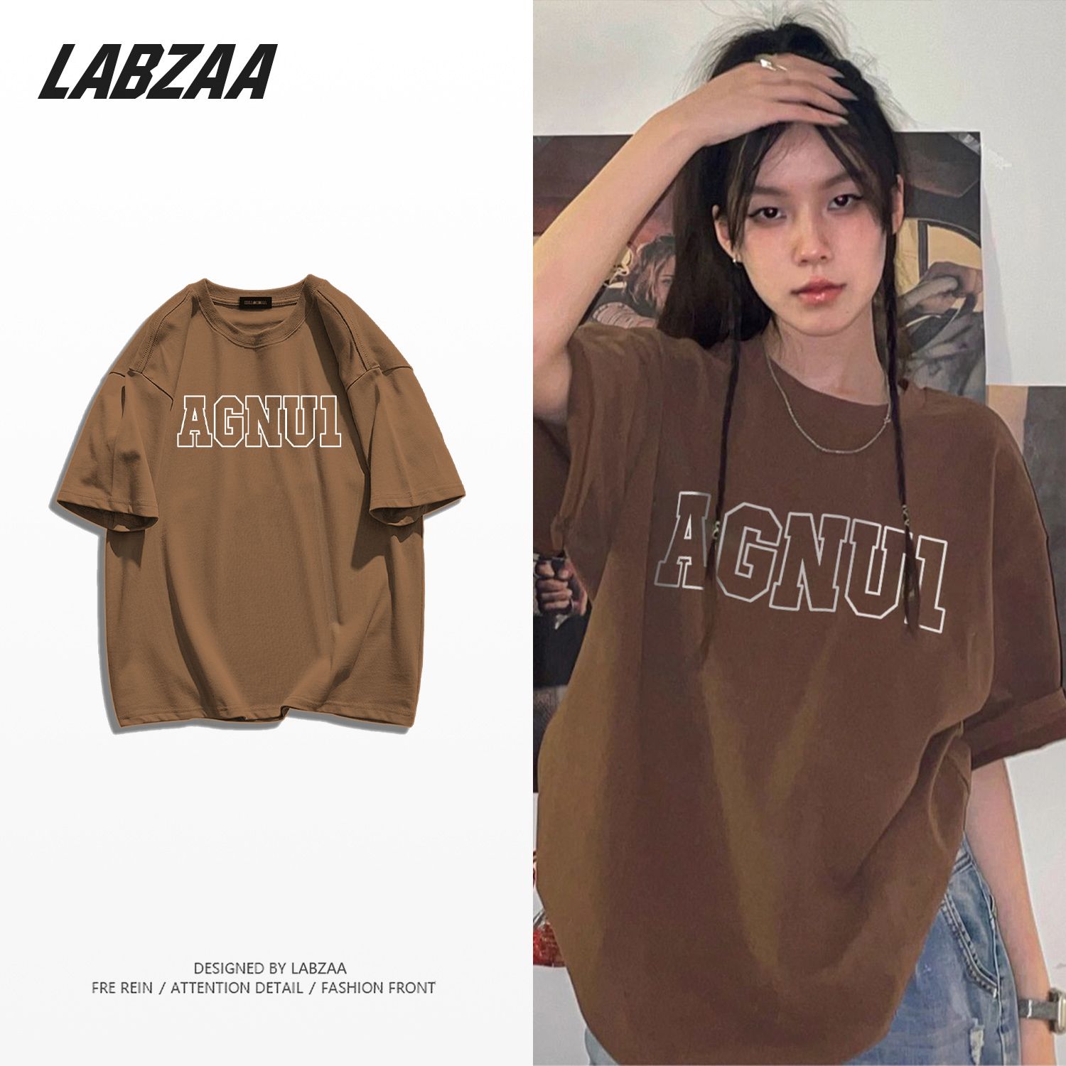 LABZAA cotton retro brown high street original letter print short-sleeved T-shirt female summer loose couple tops