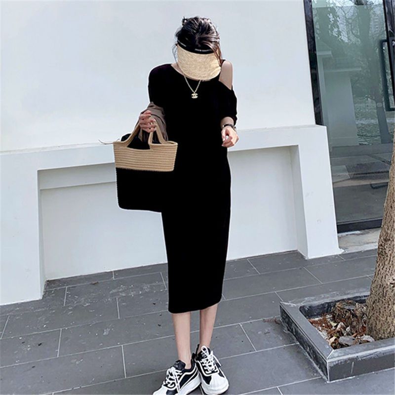 Fat MM Extra Large Size 300 Jin Strapless T-shirt Dress  Summer Loose Cover Belly Show Thin Knee Solid Color Dress