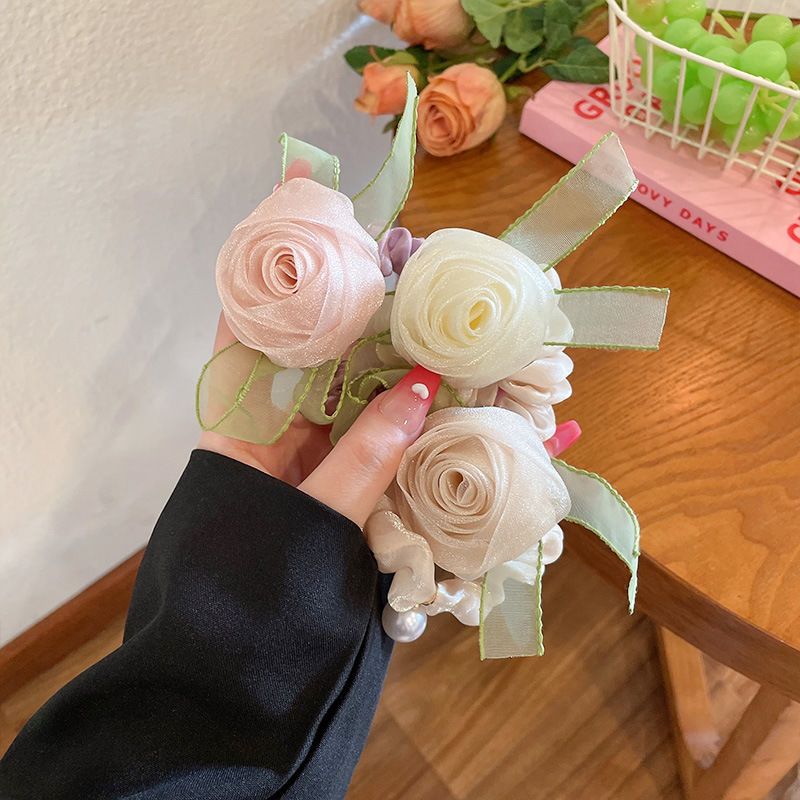森系花朵超仙玫瑰花發圈頭繩甜美氣質發繩韓國2022年新款馬尾皮套