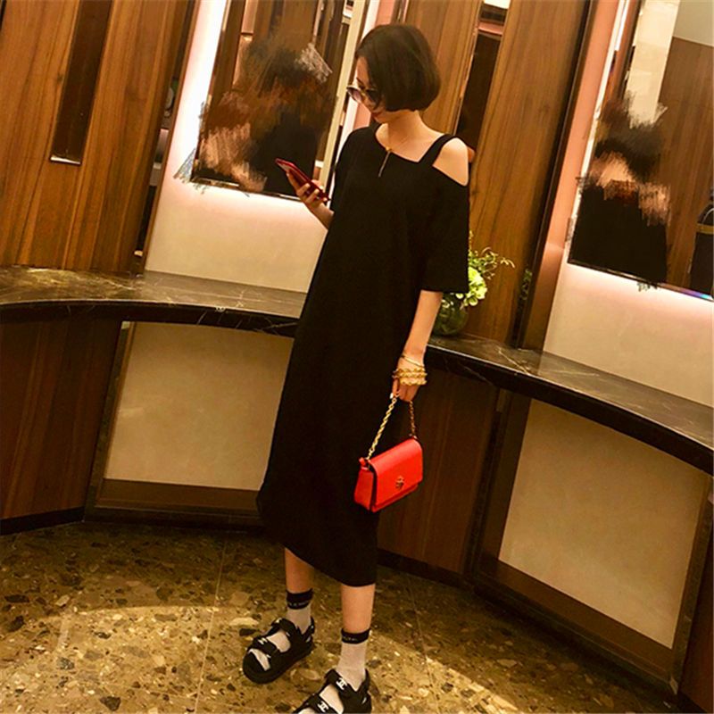 Fat MM Extra Large Size 300 Jin Strapless T-shirt Dress  Summer Loose Cover Belly Show Thin Knee Solid Color Dress