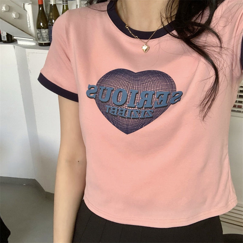 YOUDUOLIN  甜辣风撞色短袖T恤女2022夏季粉色短款露脐上衣打底衫
