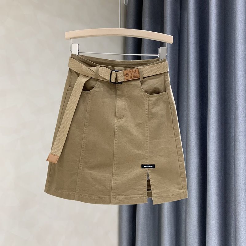 Khaki skirt summer 2023 new all-match large size slim high waist bag hip skirt large size a-line skirt