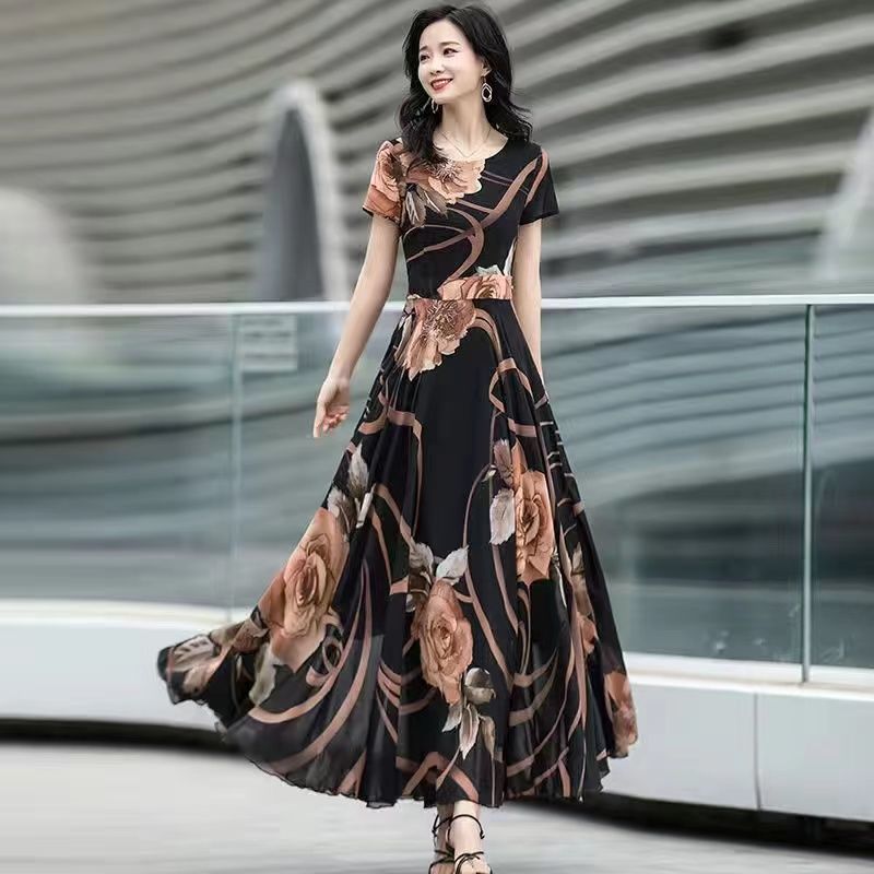 大擺裙雪紡碎花連衣裙女中長款大碼過膝長裙2022新款夏顯瘦長裙