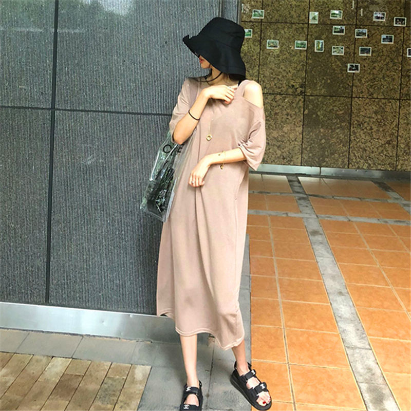 Fat MM Extra Large Size 300 Jin Strapless T-shirt Dress  Summer Loose Cover Belly Show Thin Knee Solid Color Dress