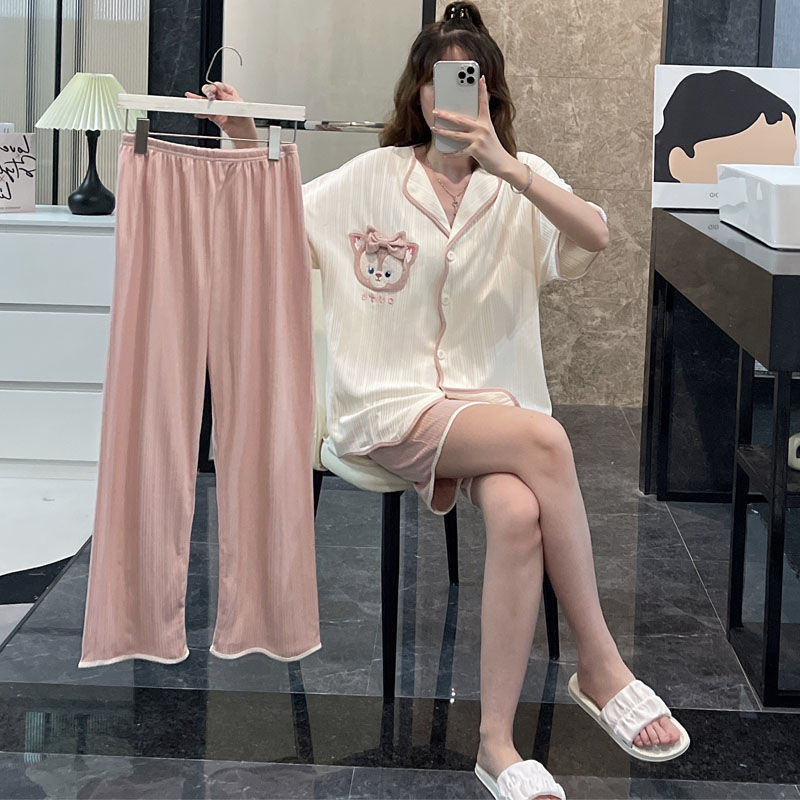 高級感睡衣女士夏季純棉三件套短袖2023年新款夏天網紅家居服春秋