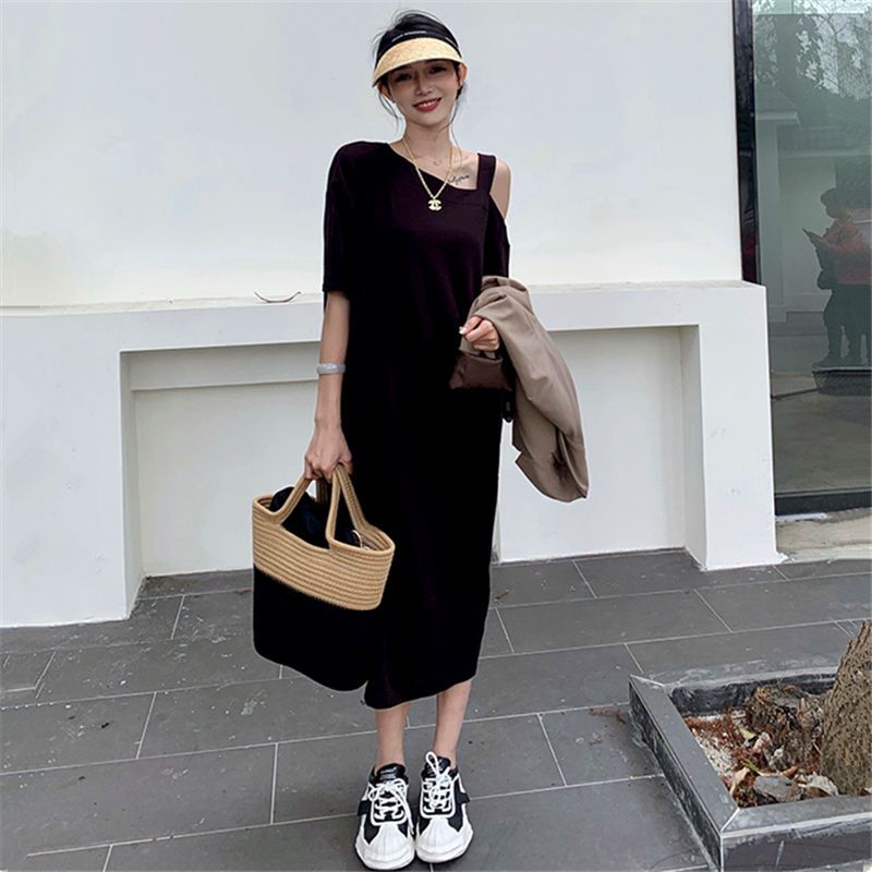 Fat MM Extra Large Size 300 Jin Strapless T-shirt Dress  Summer Loose Cover Belly Show Thin Knee Solid Color Dress