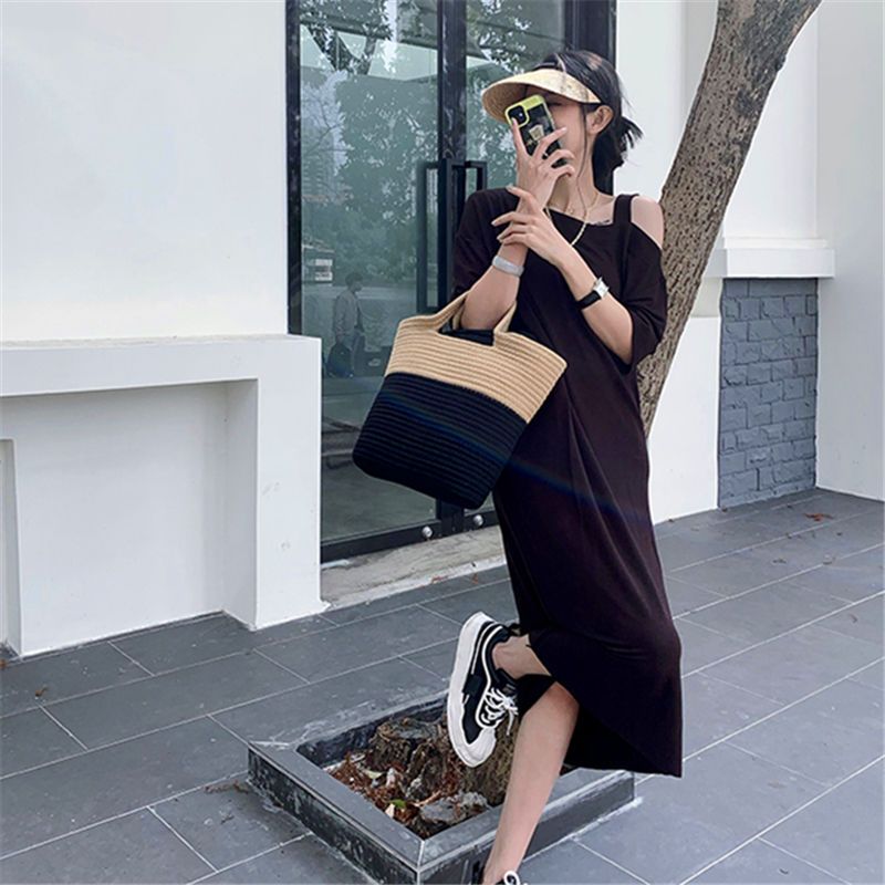 Fat MM Extra Large Size 300 Jin Strapless T-shirt Dress  Summer Loose Cover Belly Show Thin Knee Solid Color Dress