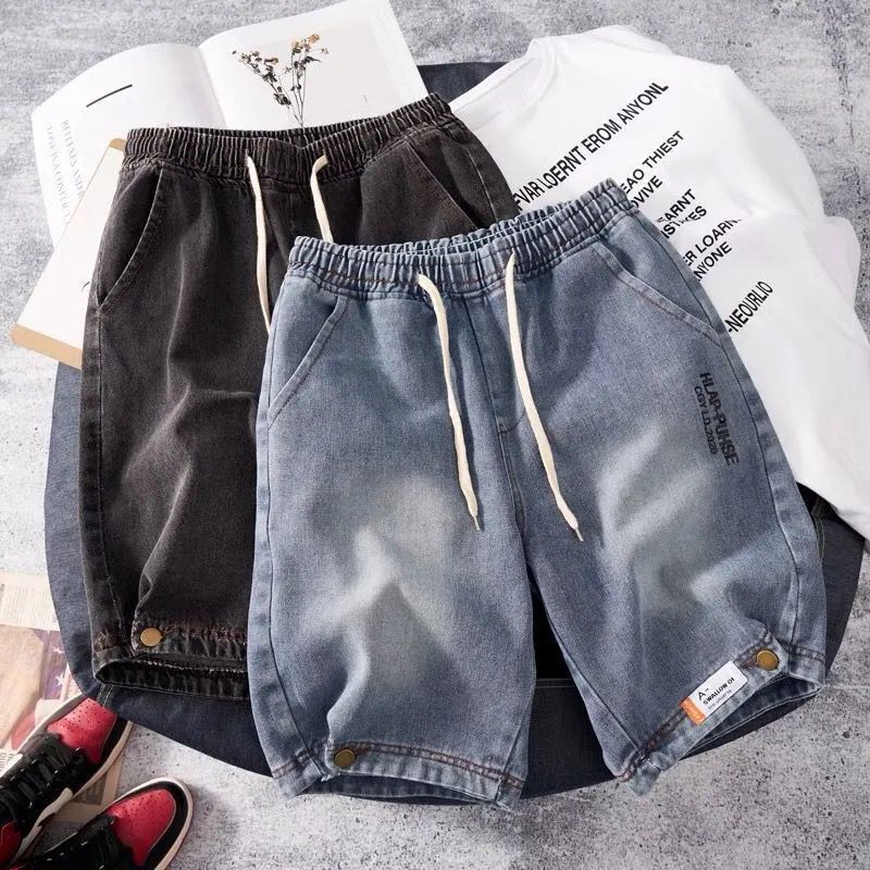 Bear Stitching Denim Shorts Men's Summer Thin Section Loose Straight Large Size Tide Brand Versatile Casual Boys Five-point Pants