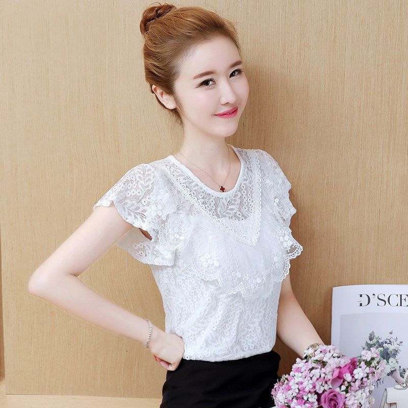 Belly-covering chiffon shirt short-sleeved summer dress 2023 new foreign style sweet lace top super fairy hollow bottoming shirt for women