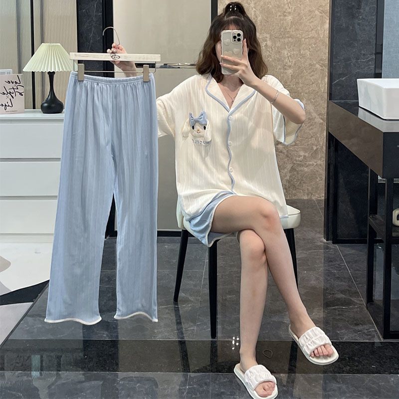 睡衣女士夏季純棉短袖三件套甜美學生可愛卡通新款開衫家居服夏天