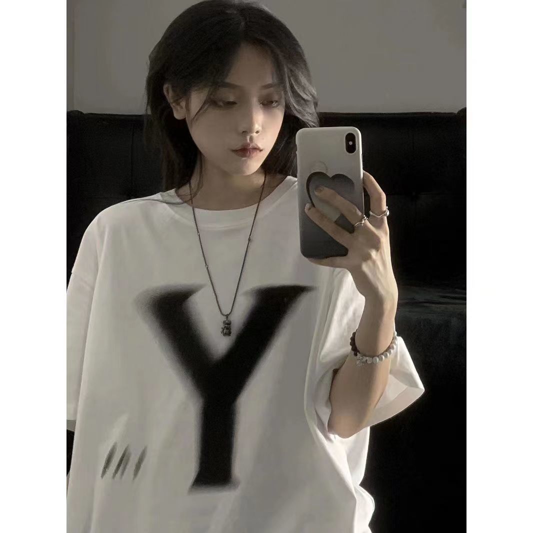 國潮牌美式復古字母印花短袖女夏季純棉t恤衫ins潮設計感寬鬆上衣