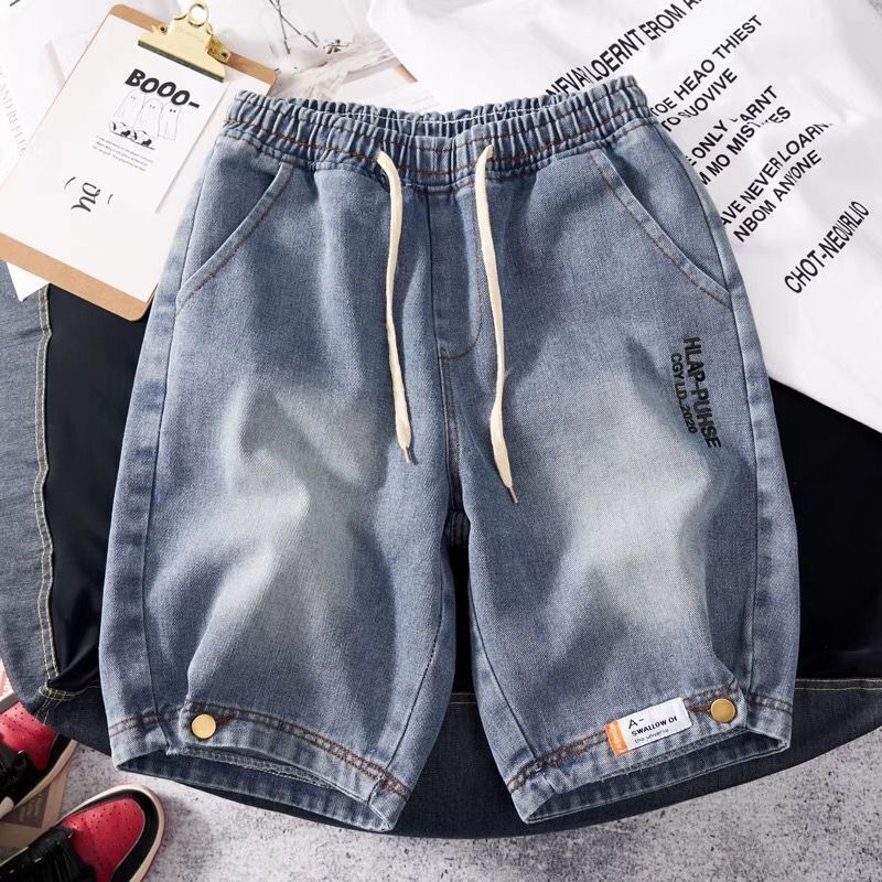 Bear Stitching Denim Shorts Men's Summer Thin Section Loose Straight Large Size Tide Brand Versatile Casual Boys Five-point Pants