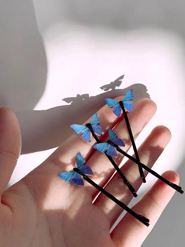 Blue butterfly hairpin small one word clip Korean Version cute sweet side clip ins net red super fairy hairpin hot sale