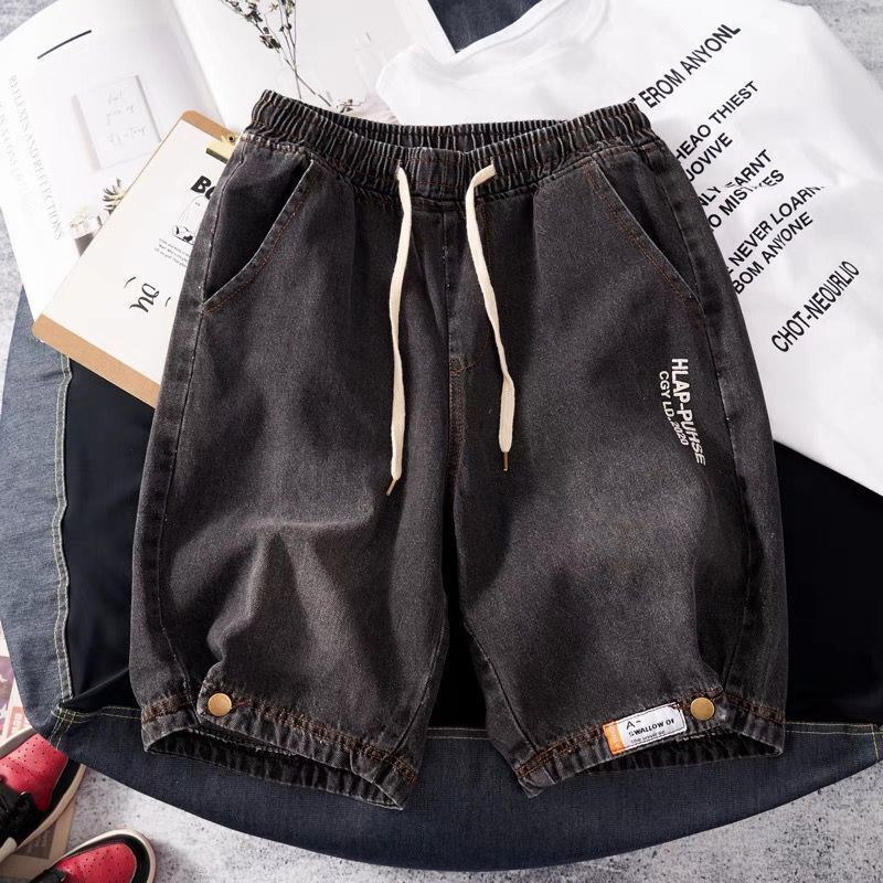 Bear Stitching Denim Shorts Men's Summer Thin Section Loose Straight Large Size Tide Brand Versatile Casual Boys Five-point Pants