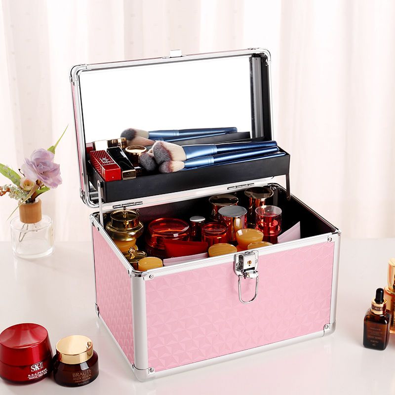 手提便携家用旅行镜子化妆箱大容量美甲纹绣化妆带锁收纳箱化妆盒