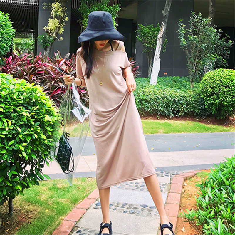 Fat MM Extra Large Size 300 Jin Strapless T-shirt Dress  Summer Loose Cover Belly Show Thin Knee Solid Color Dress