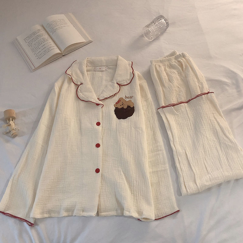 高檔睡衣ins風女春秋季長袖繡花小熊薄款柔軟網紅家居服兩件套裝