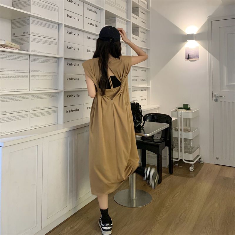 Hollow backless backless shoulder pad vest dress fat MM extra large size 300 catties summer loose hidden meat thin vest skirt