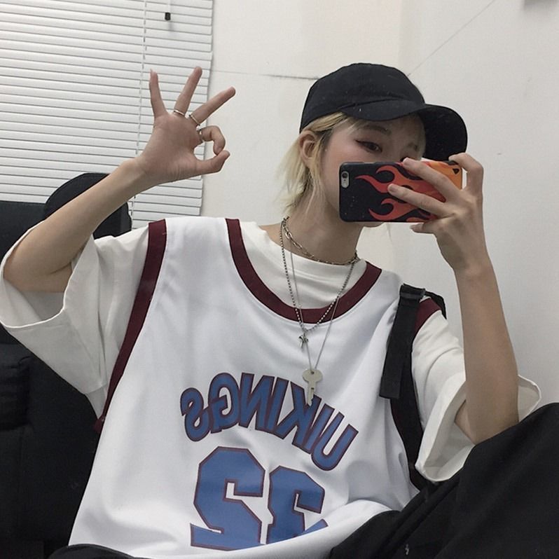 Basketball clothing female ins student summer retro all-match t-shirt trendy loose round neck letter sleeveless vest couple